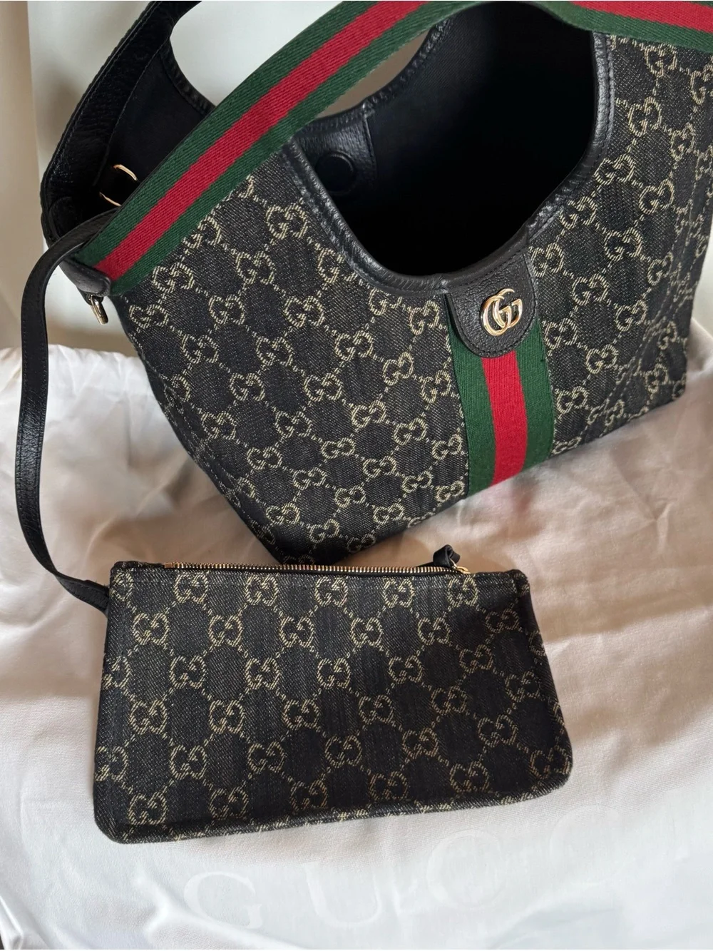 Gucci Black Denim Giglio Canvas Tote with Green-Red Stripe - Picture 5 of 11